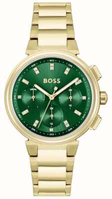 BOSS Een voor dames | groene chronograaf wijzerplaat | gouden roestvrijstalen armband 1502679
