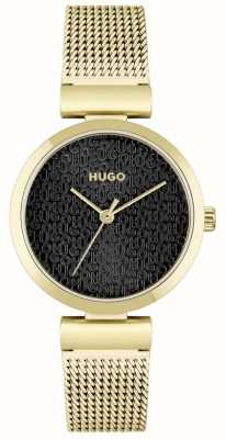 HUGO Dames #zoet | vergulde mesh armband | zwarte wijzerplaat 1540129