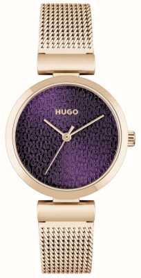 HUGO Dames #sweet | rosé gouden mesh armband | paarse wijzerplaat 1540128