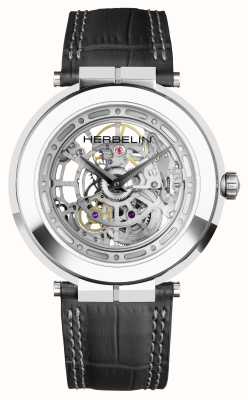 Herbelin Newport slim mechanisch skelet (42 mm) skelet wijzerplaat / zwarte leren band 1222SQ75