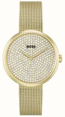 BOSS Lof van vrouwen | gouden kristal set wijzerplaat | gouden stalen mesh armband 1502659